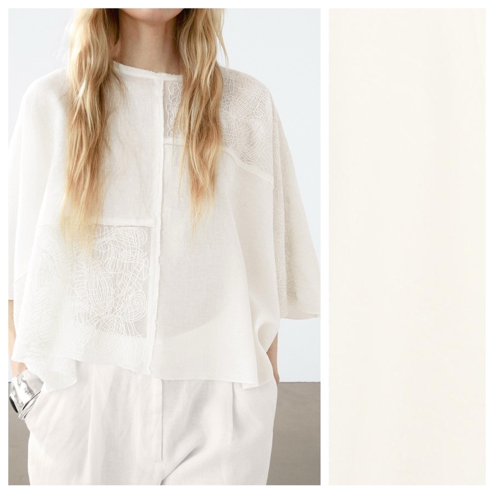 NWT. Massimo Dutti Off-White Linen Blend Embroidered Cape. Size XS-S.